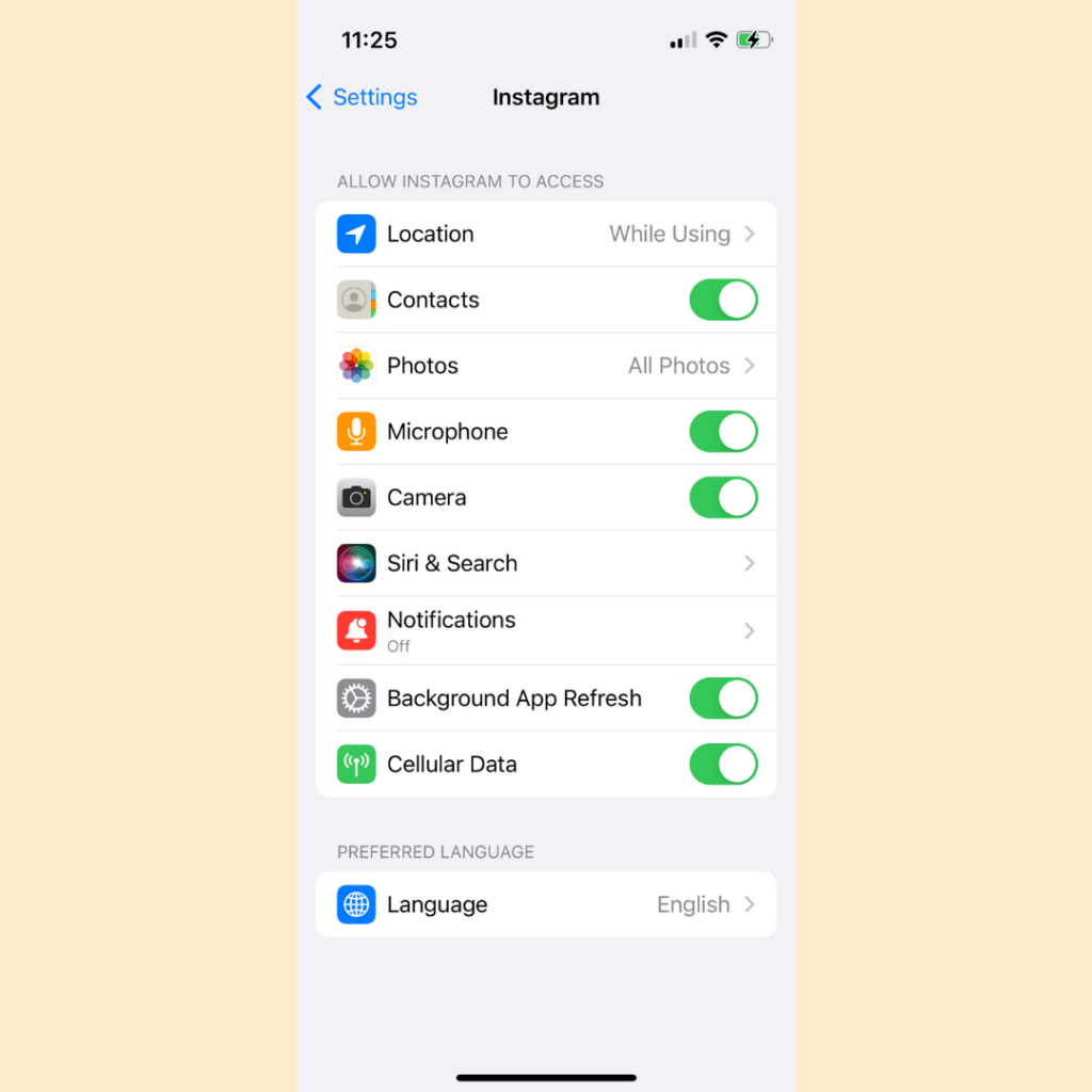 iPhone - settings for instagram